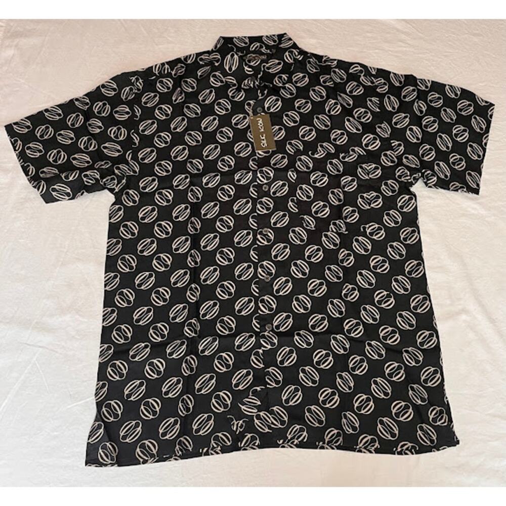 NWT VTG 80s Silk Icon Shirt Black Tan Geometric Sz L